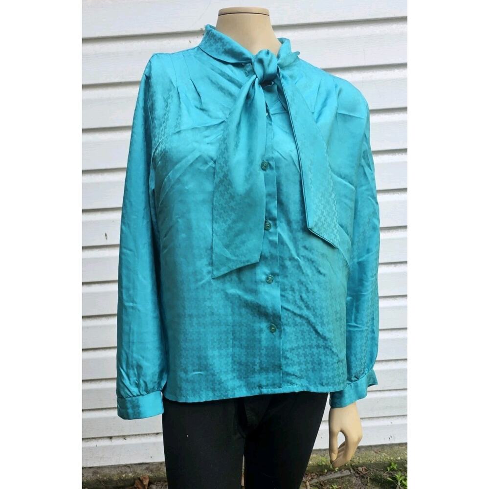 Vtg Lucky Winner 70s 80s tie Bow Secretary Blouse Jacquard Dress Shirt Top M